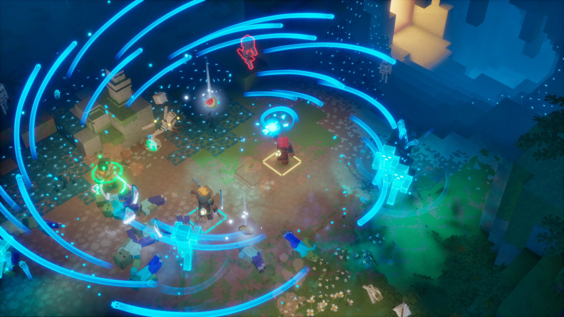 Minecraft Dungeons 2: spelers vechten in een cirkelvormige aanval tegen gloeiende vijanden