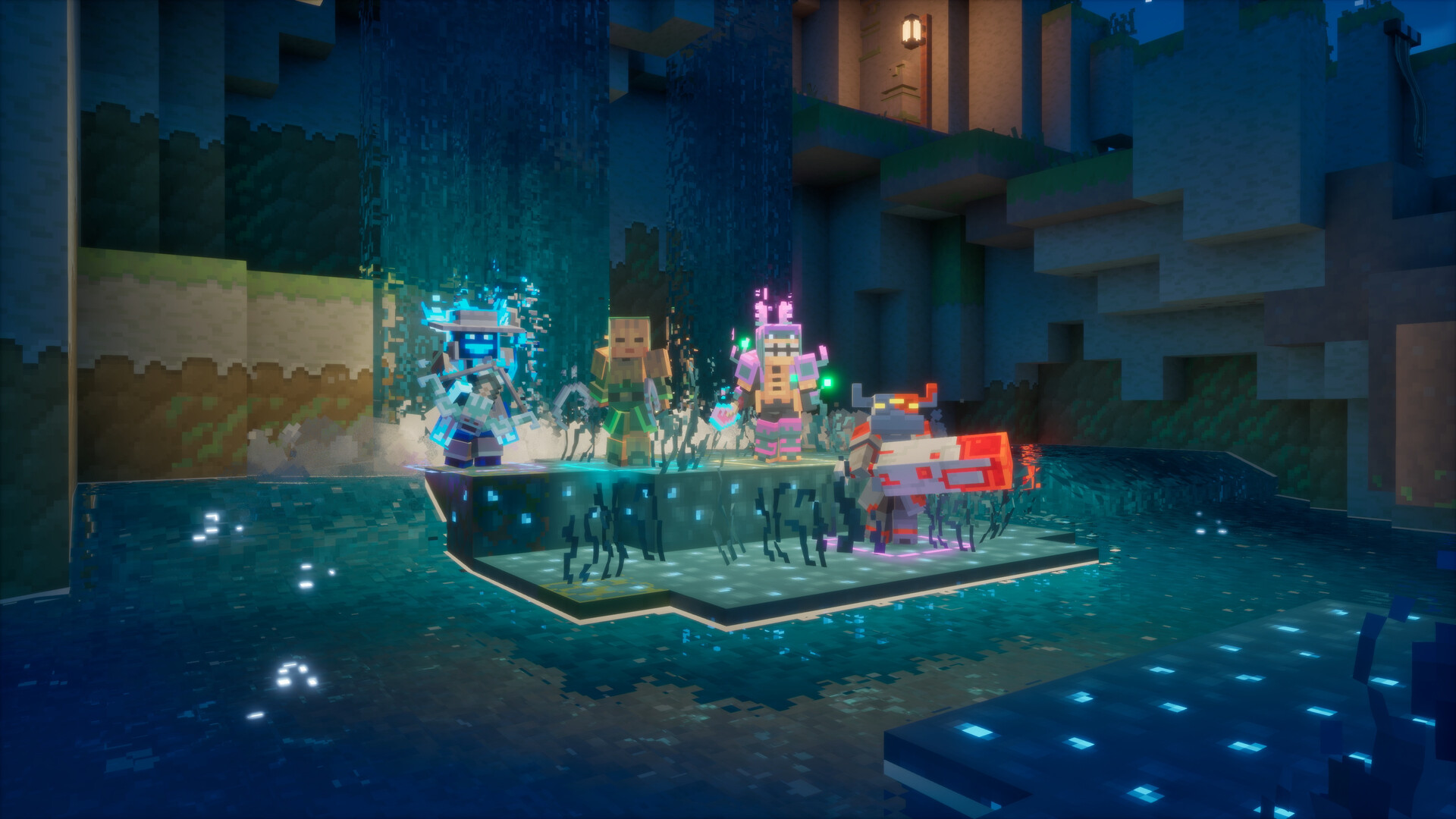 Minecraft Dungeons 2: vier helden met kleurige uitrusting vechten op een platform in het water