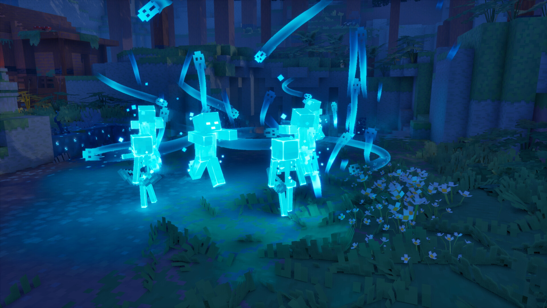 Minecraft Dungeons 2: lichtgevende blauwe skeletachtige wezens in een duistere jungle