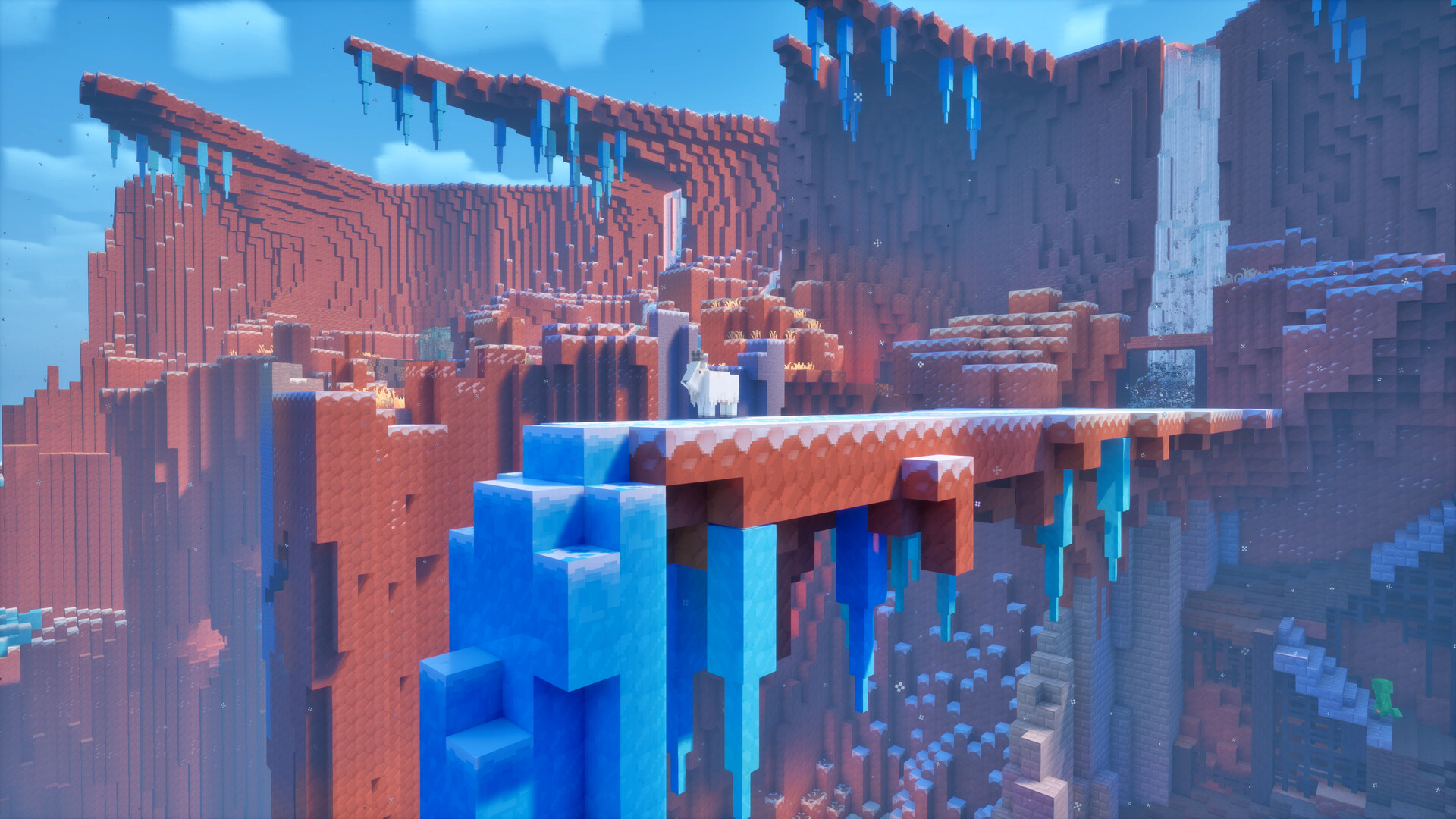 Minecraft Dungeons 2: een witte geit op een besneeuwde klif in een blokkerig landschap