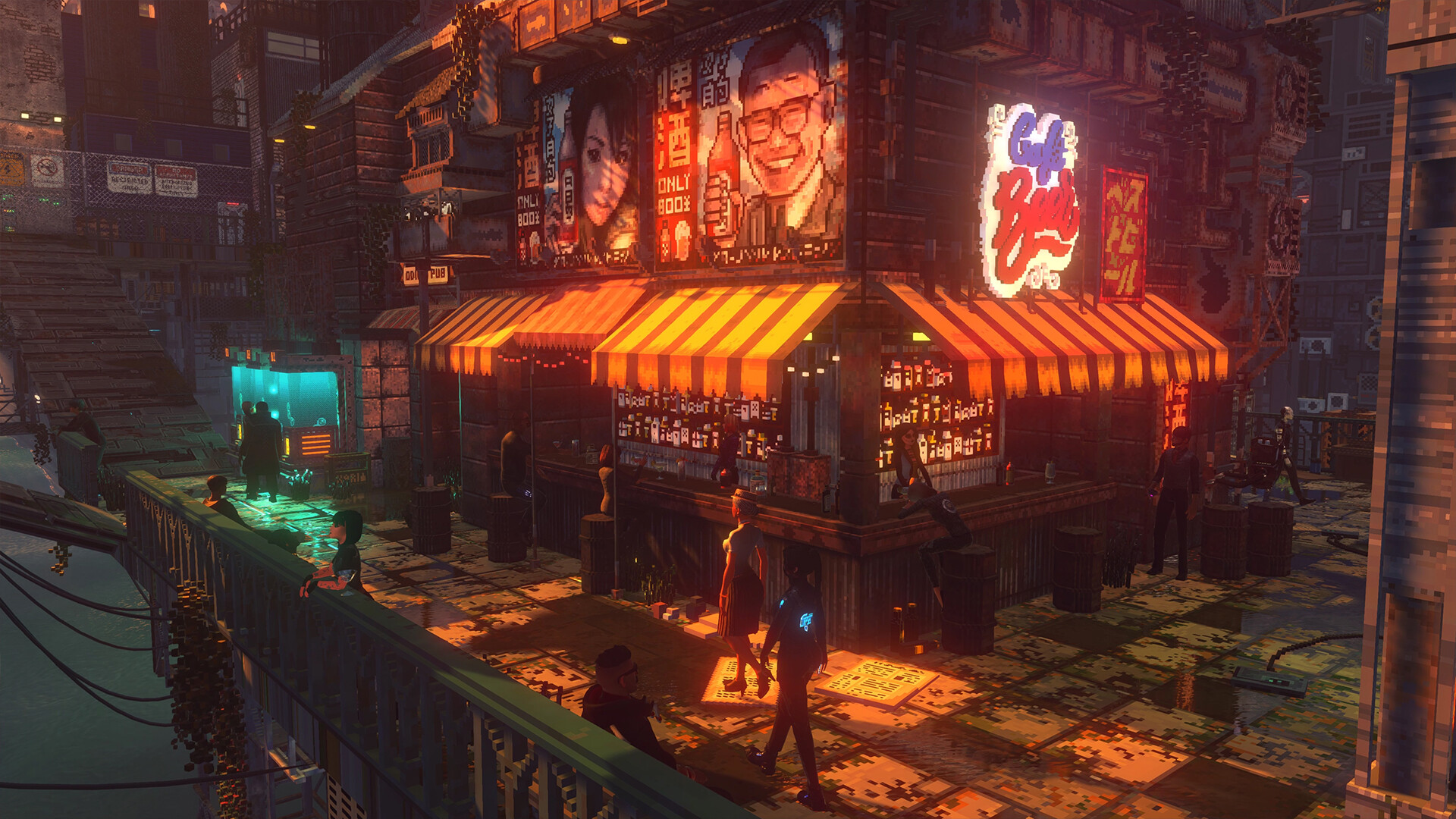 Nivalis Nights: neonverlichte straat met een bar en voorbijgangers