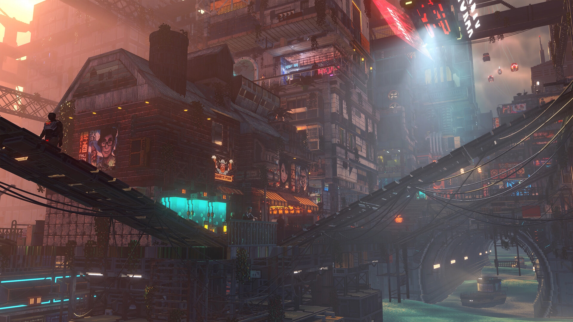 Nivalis Nights: de cyberpunkstad bij avond, gezien vanaf een loopbrug