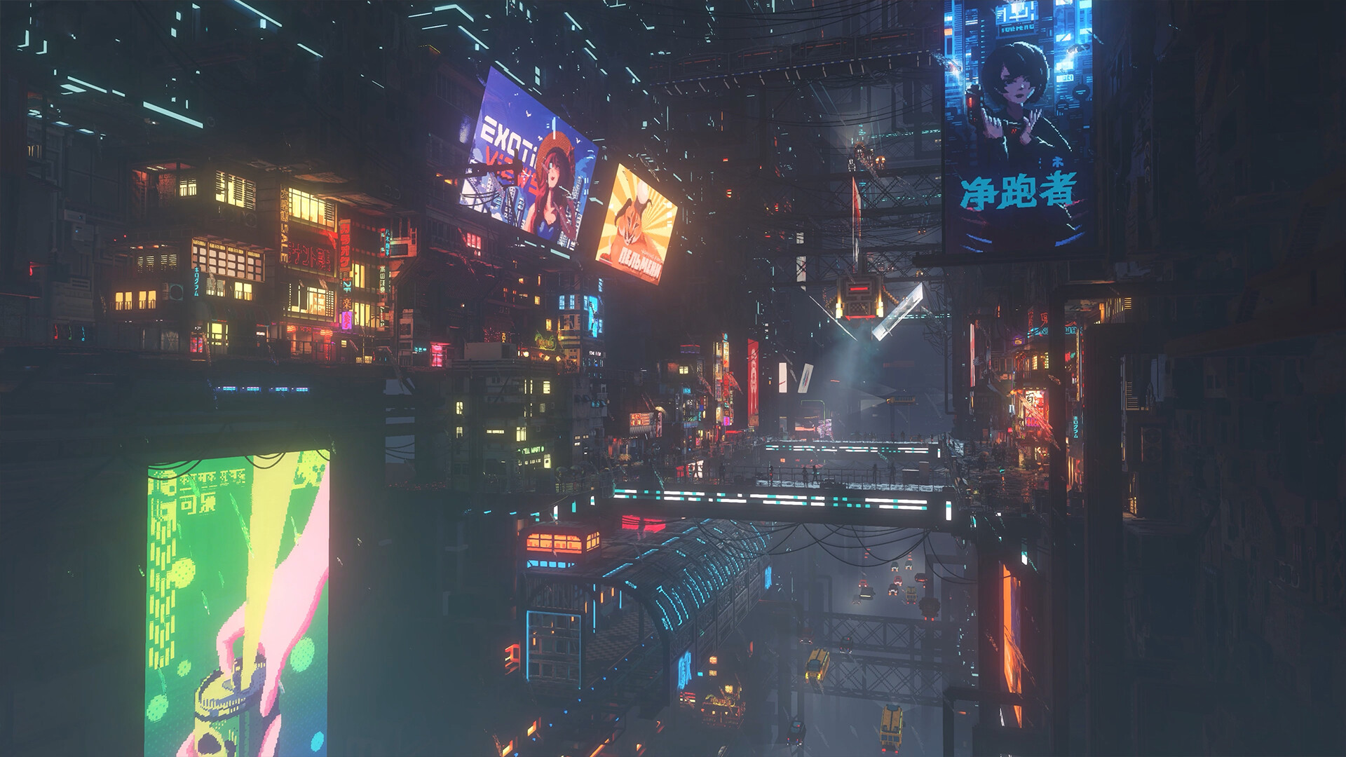 Nivalis Nights: de neonstad bij nacht vol lichten en verkeer